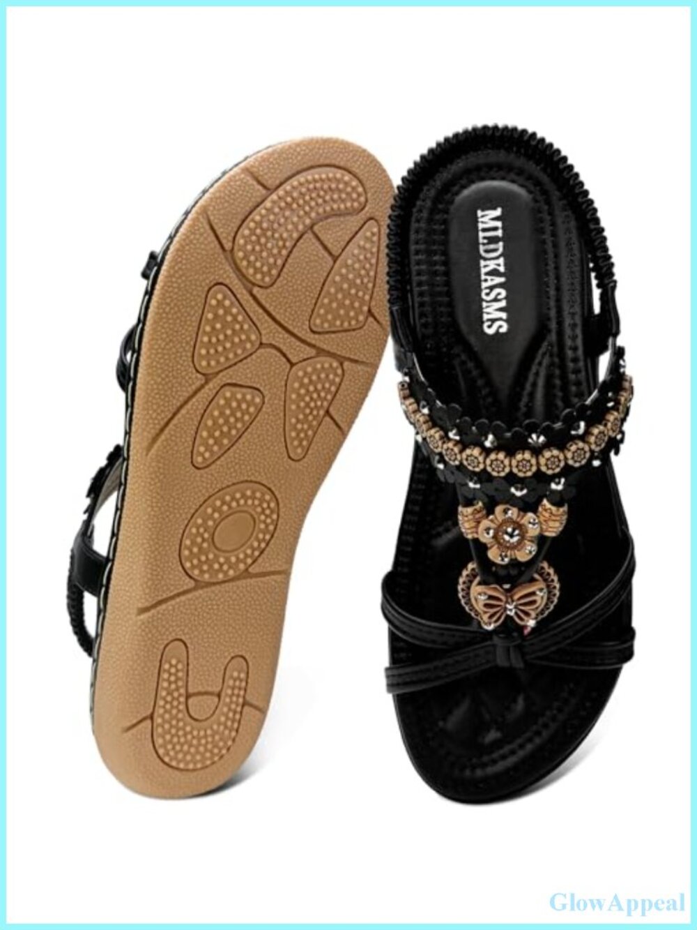 Women's Bohemian Beaded Rhinestone Flat Sandals Memory Foam Comfortable